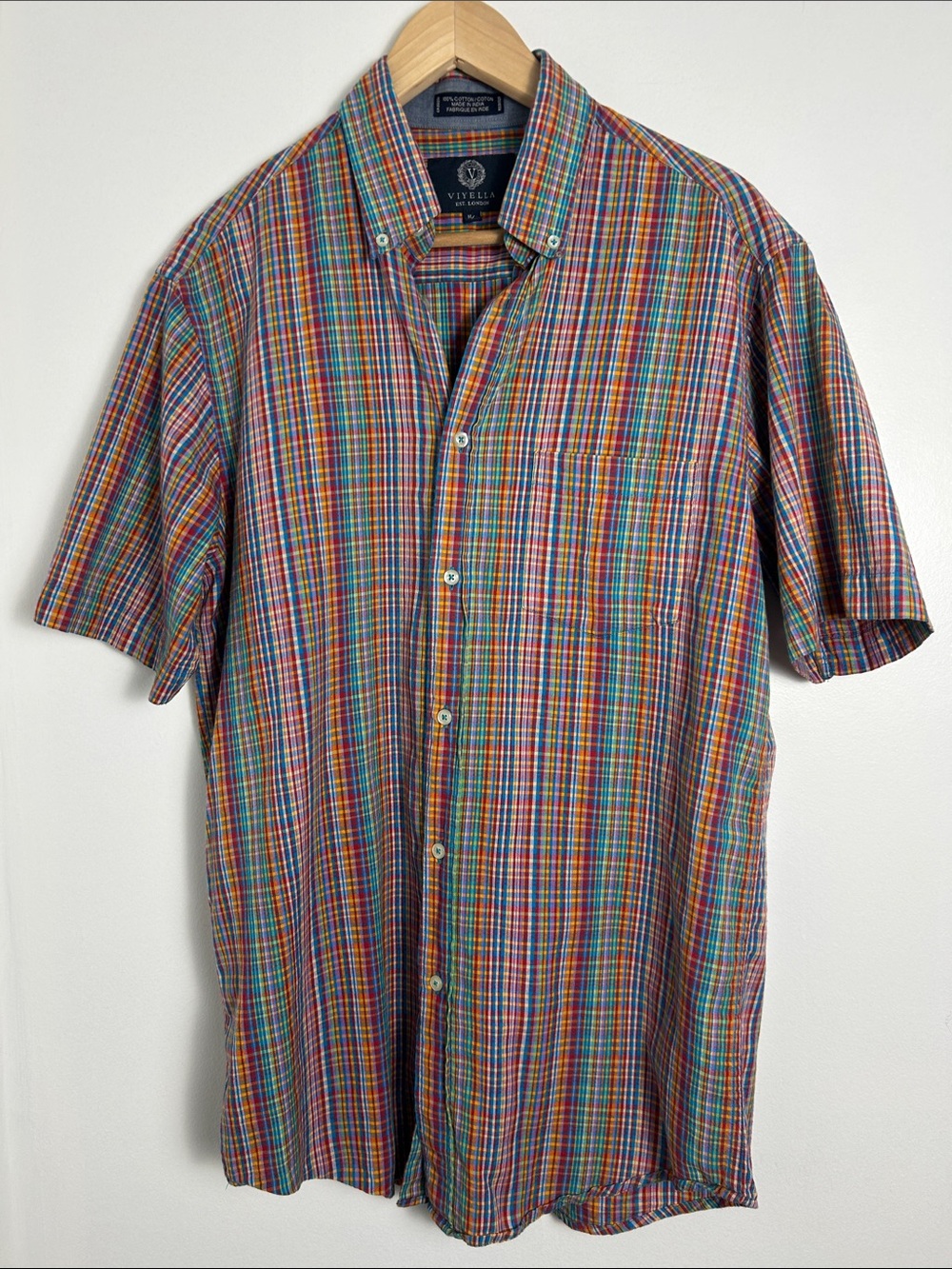 Viyella Multicolor Plaid Button Down Shirt Short Sleeve Cotton Mens Medium